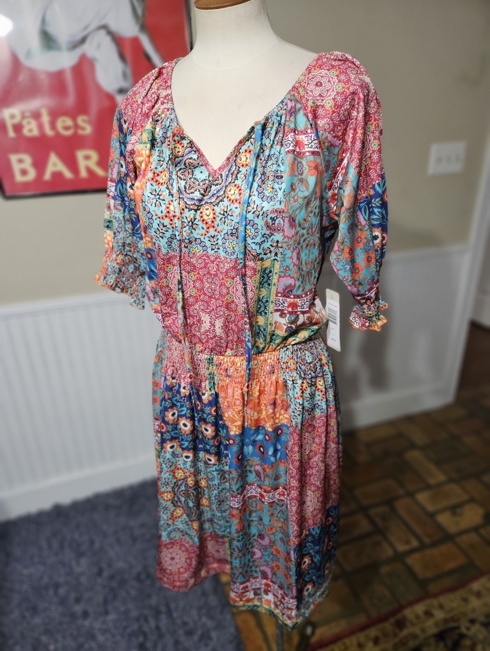 Sunny Leigh Pink and Turquoise Patchwork Midi Dress